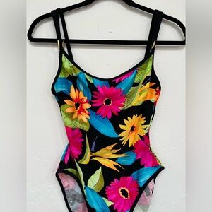 Vintage 1990s La Blanca Bright Floral Print Swimwear High Cut Leg Sz 8